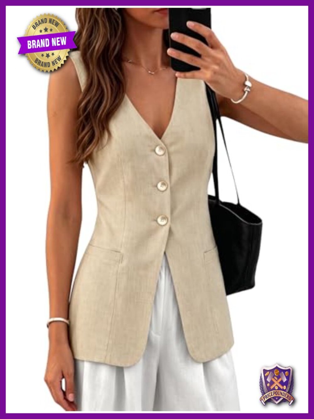 Linen Blend Sleeveless Vest Button Front Business Casual Women's